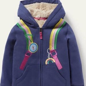 NWT Mini Boden Shaggy-lined Appliqué Hoodie - Starboard Blue Backpack, Size 4-5